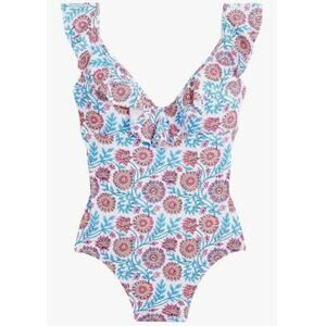 J. Crew Ruffle V Neck One Piece Swimsuit Floral Vine Block Print Sz 12 Pink Blue